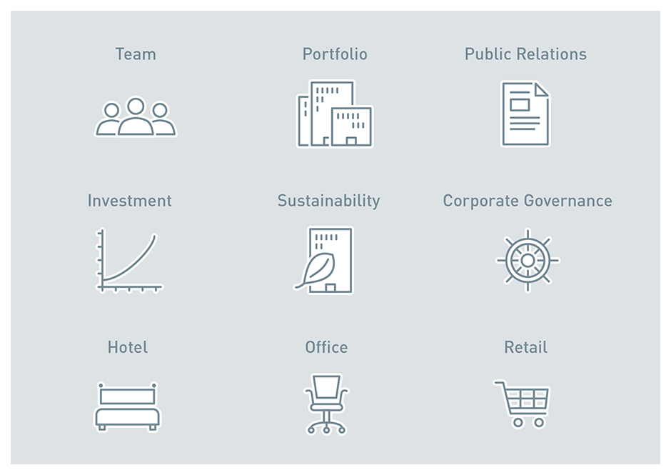 Icons / Symbole für ein Immobilienunternehmen: Team, Portfolio, Public Relations und weitere