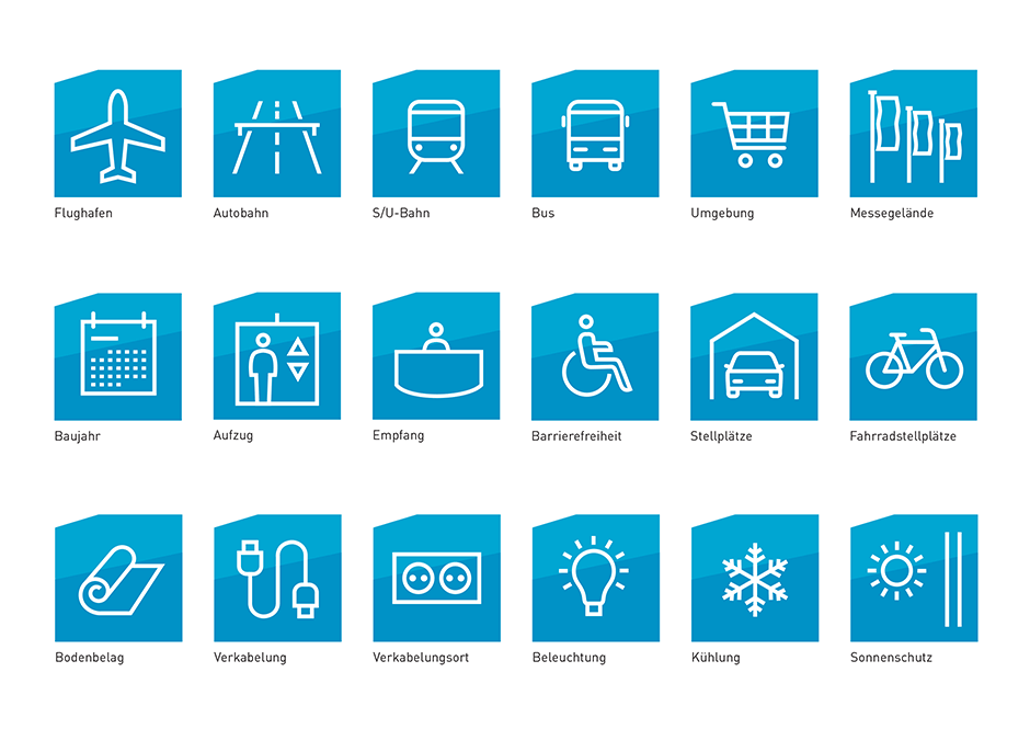 Icons / Symbole für die Immobilien-Vermarktung: Baujahr, Aufzug, Stellplätze, Verkabelung, Sonnenschutz, etc.