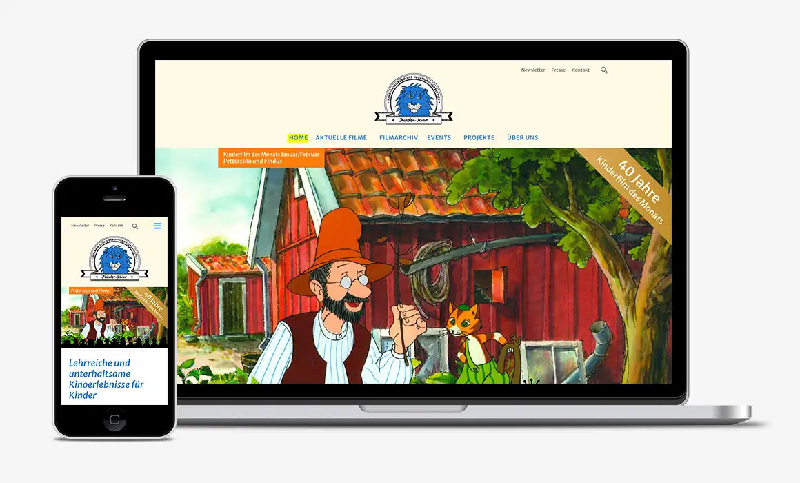 Darstellung der Kinderkinobüro-Website auf einem Smartphone und einem Laptop