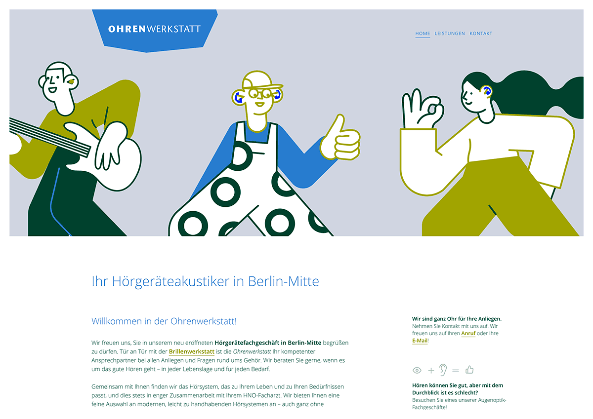 Website Ohrenwerkstatt – Startseite Homepage mit Illustration im Header