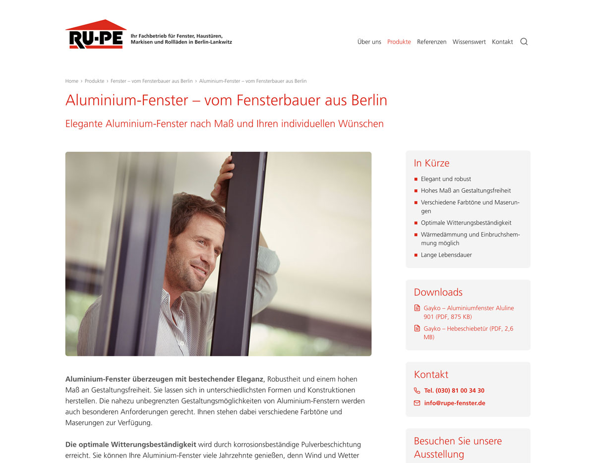 Seite zu Aluminium-Fenstern – Website RU-PE Fensterbauer aus Berlin