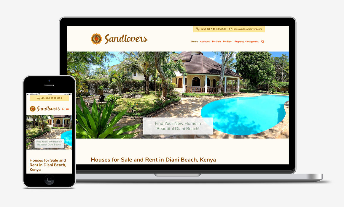 Website Sandlovers Diani Real Estate mit sonnigem Foto einer Villa mit Pool
