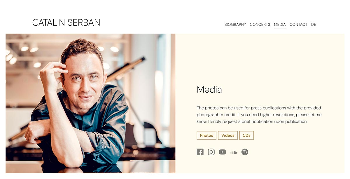 Website Pianist Catalin Serban – Media mit Buttons und Social Media Icons