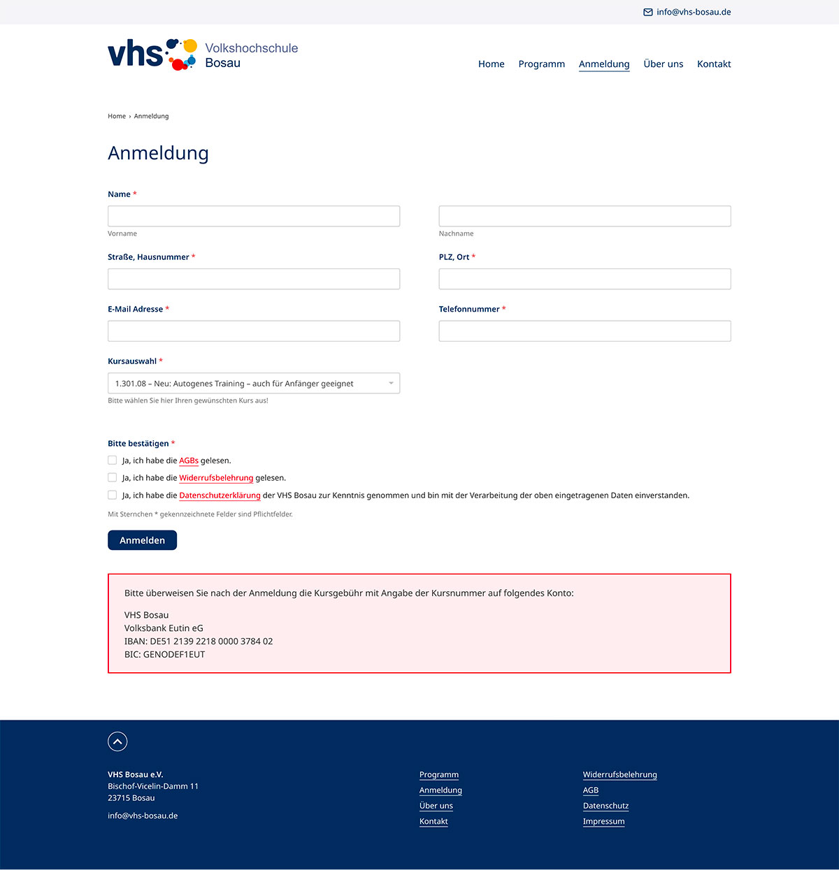 Klar strukturiertes Anmeldeformular